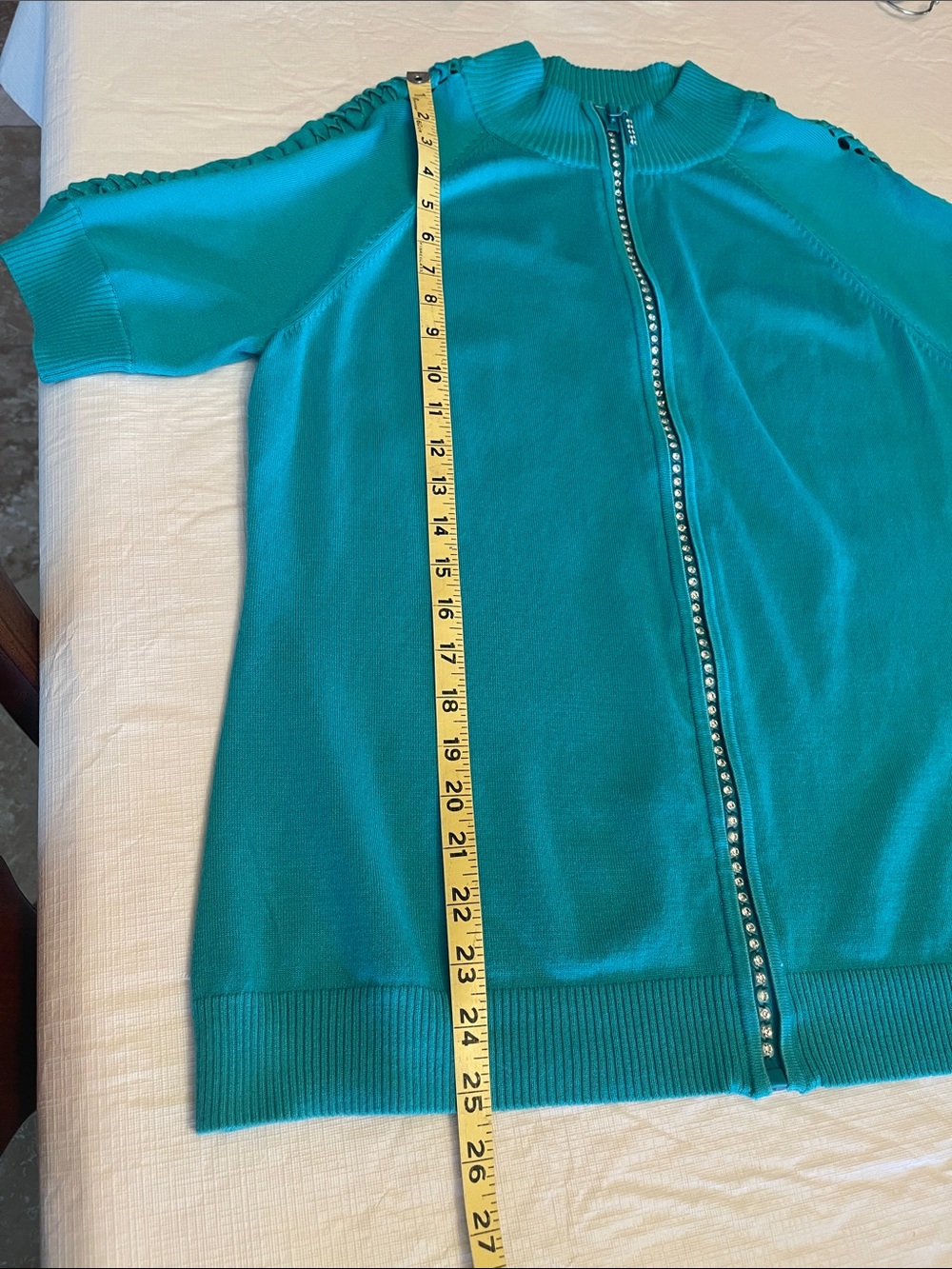 Belldini Teal Rhinestone Zip-Front Short Sleeve Sweater Size XL - Picture 9 of 16